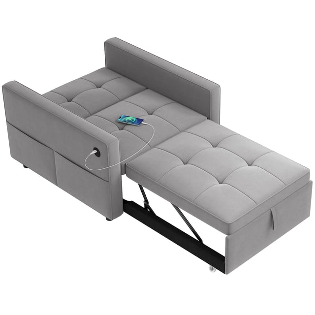 Fauteuil-lit Convertible en Velours Gris, Sofa-Lit Escamotable avec Dossier Réglable à 7 Positions et Ports USB Intégrés, Futon Simple Gain de Place pour Salon Ou Bureau à Domicile