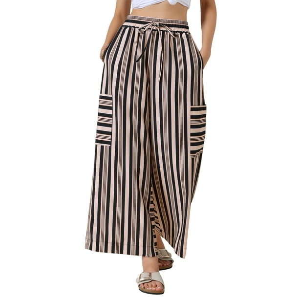 Pantalones de rayas casuales INSPIRE CHIC para mujer, de pierna ancha, con cintura elástica y cordón, pantalones palazzo, XS, negro y marrón