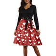 thumbnail image 2 of Valentine Dress for Women 1950S Retro Long Sleeve V-Neck Cocktail Dresses with Belt Love Heart Printing A-Line Dress Red M, 2 of 6