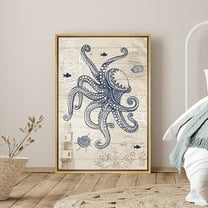 PixonSign Framed Canvas Print Wall Art Octopus, Fish and Lighthouse Animals Ocean Illustrations Modern Art Nautical Relax/Calm Blue Duotone for Living Room, Bedroom, Office - 16"x24" Natural