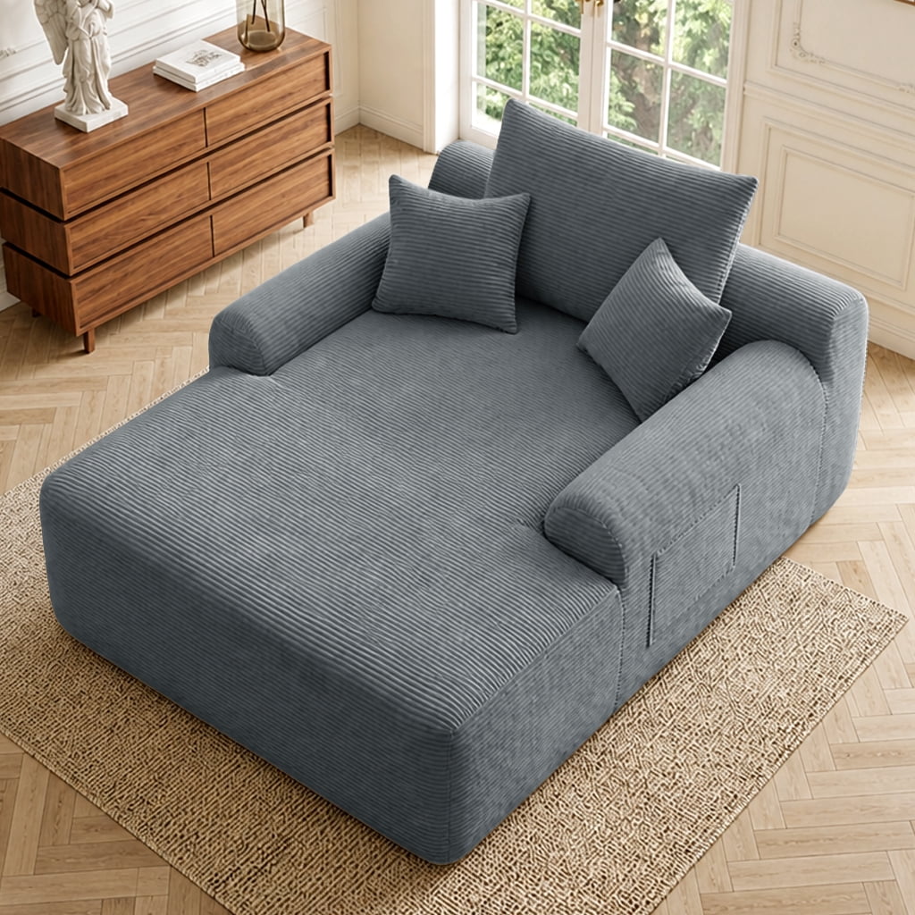 Anpport 65" Oversized Convertible Chaise Lounge Chair, Cloud Plush Corduroy Sleeper Sofa Bed with Wide Armrest & Pillows, No Assembly Required for Living Room Bedroom, Grey