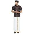 thumbnail image 5 of eloria Mens Traditional Brown Striped Party Shirt with Mundu Vesty Style Dhoti, 5 of 6