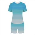 thumbnail image 4 of Two Piece Outfits for Women Summer Tight Fitting Short Sleeve Shorts Sets Gradient Printed Crew Neck Lounge Set (Sky Blue XL), 4 of 4