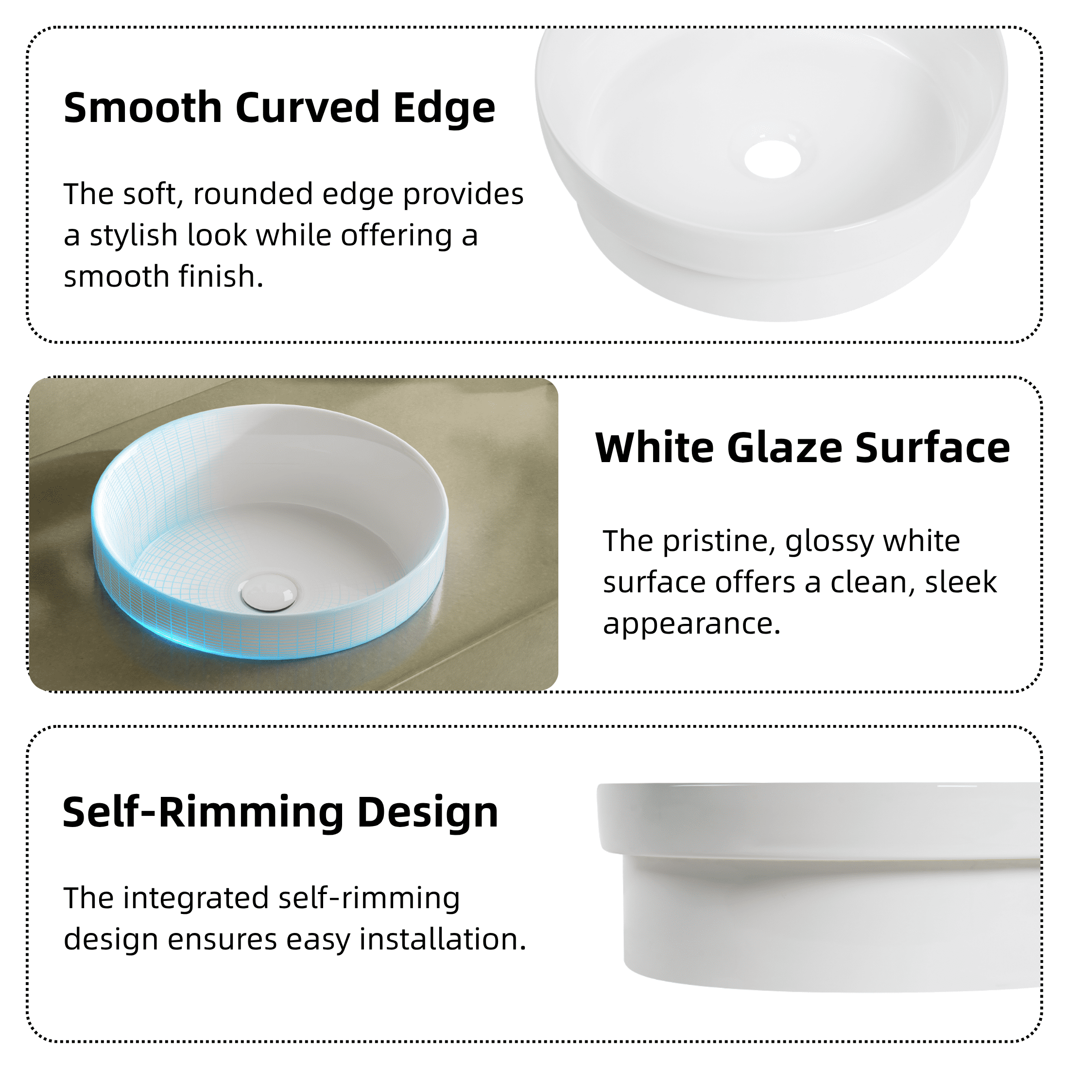 Los Flexi 14" Round Ceramic Semi-Recessed Bathroom Sink without Overflow, White Vessel Basin with Glossy Scratch-Resistant Finish, Drop-In or Countertop Installation