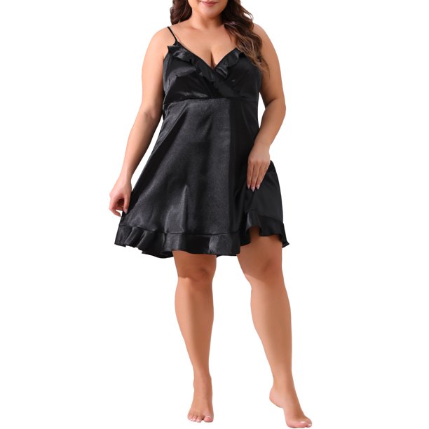 Agnes Orinda Talla Grande Camisón de Noche para Mujeres Lencería Satén Erógena Vestido Sin Mangas con Escote en V y Volantes Ropa de Dormir 1X Negro