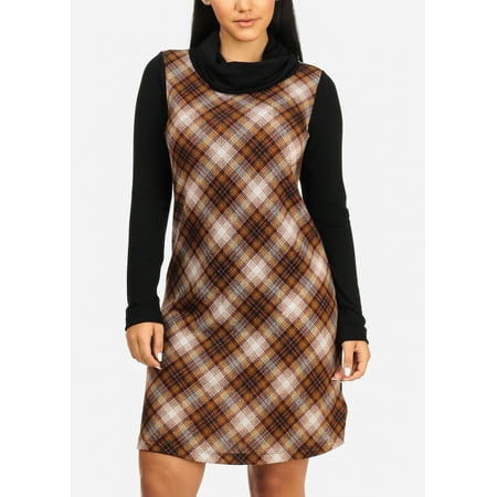 Womens Juniors Gilli Brand Long Sleeve Cowl Neckline Black Plaid Print Stretchy Midi Sweater Dress 30893Q