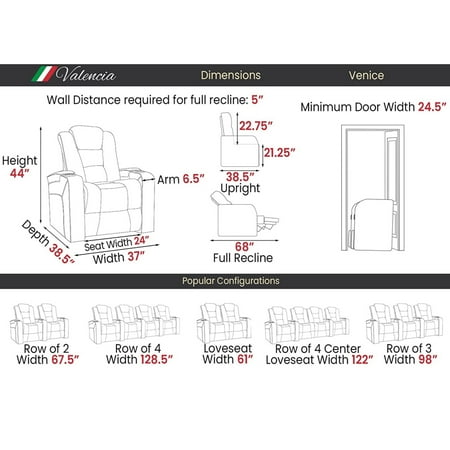 Valencia Theater Seating - Valencia Venice Row of 5 Top Grain Genuine Leather 11000 Home Theater Seating - Black