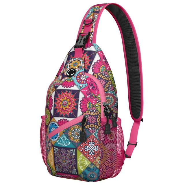 Rustic Folk Style Sling Backpack Lightweight Travel Crossbody Bag with Artistic Ink Patterns for Outdoor Use