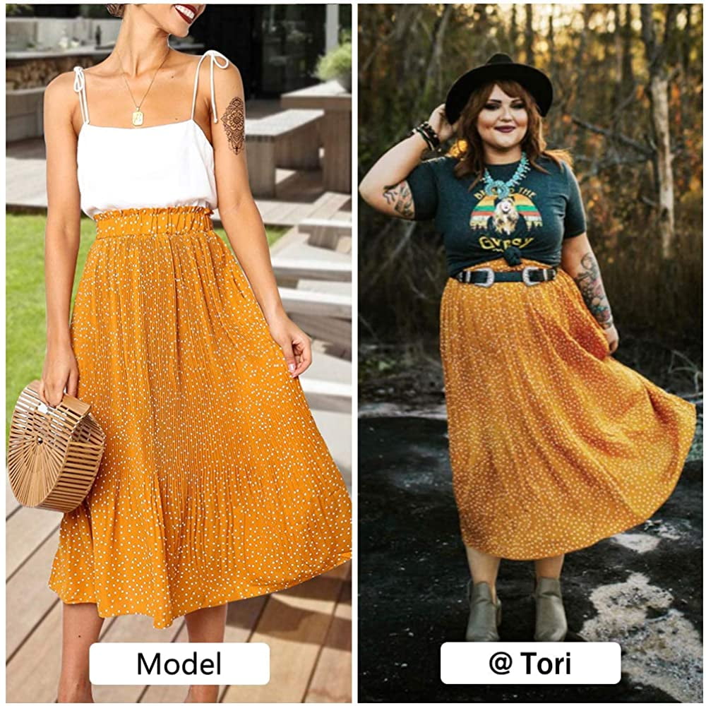 Womens High Waist Polka Dot Pleated Skirt Midi Swing Skirt with Pockets
