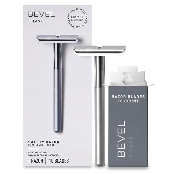 Bevel Safety Razor with Brass Weighted Handle and 10 Double Edge Safety Blade Refills, Single Blade Razor for Men, Designed for Coarse Hair to Prevent Razor Bumps - Silver (Pa