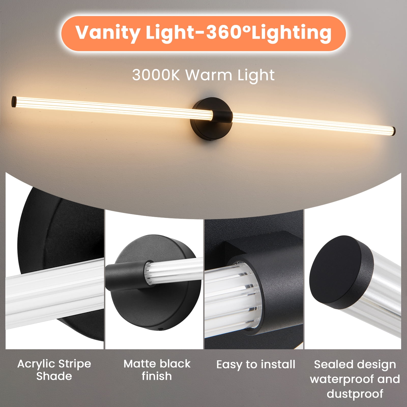 Deyidn 48.9 inch Black Modern Wall Sconce, Dimmable LED Light Bar for Mirror, Dresser, or Vanity