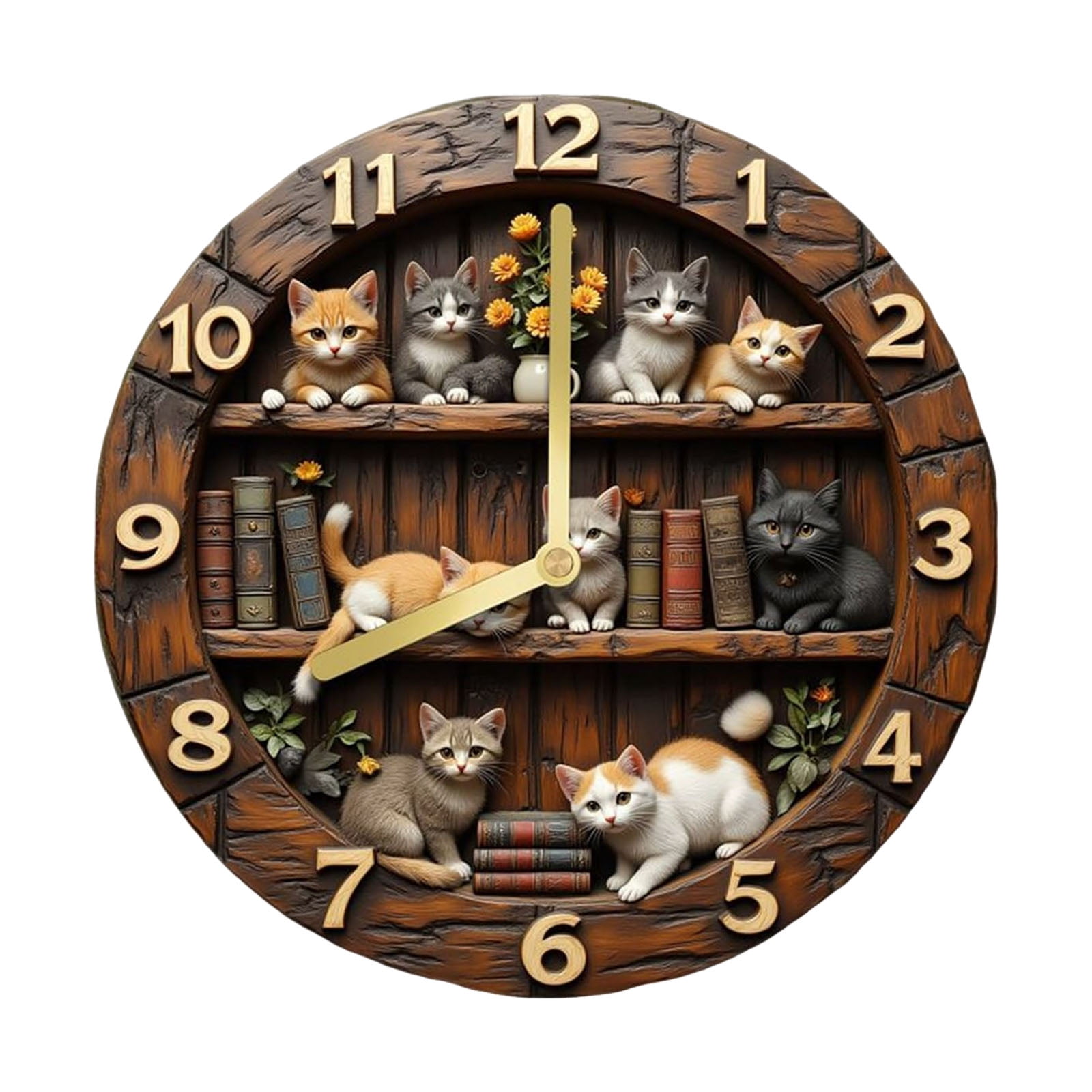DVKOVI Cat Themed Retro Wall Clock Silent NOn-TickIng Wooden Round Decorative Clocks VIntage Pet-Inspired Timepiece E One Size