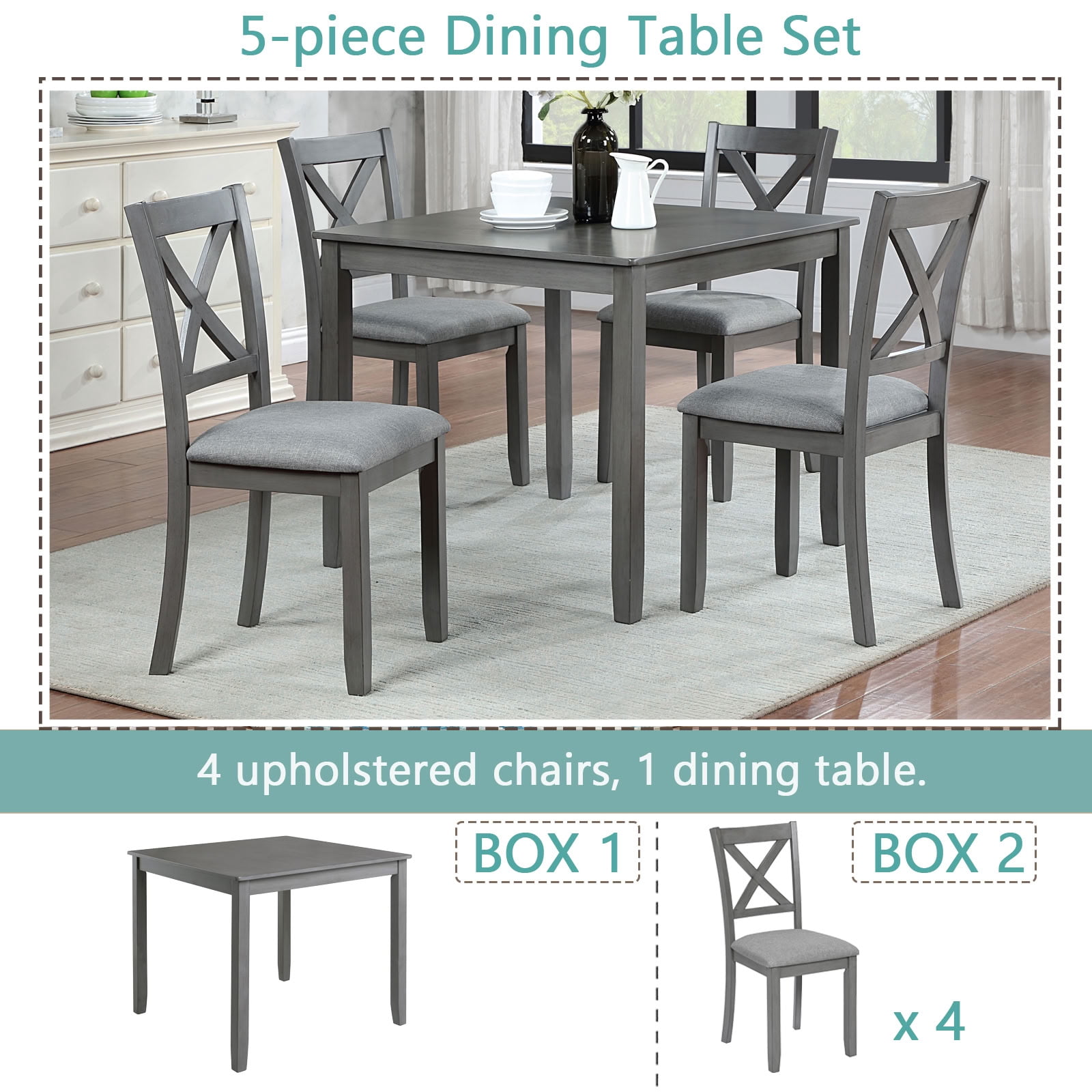 MAYEERTY 5-Piece Wooden Dining Table and Chairs Set for 4, Upholstered Dining Set with Water-Oil Resistant Tabletop for Kitchen Dining Room