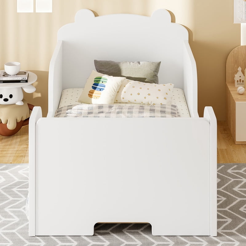 Bellemave Low Montessori 2-in-1 Beds, Wood Small Floor Bed Frame with Cute Ear Shaped Headboard for Aged 3-6 Years, No Box Spring Needed, White