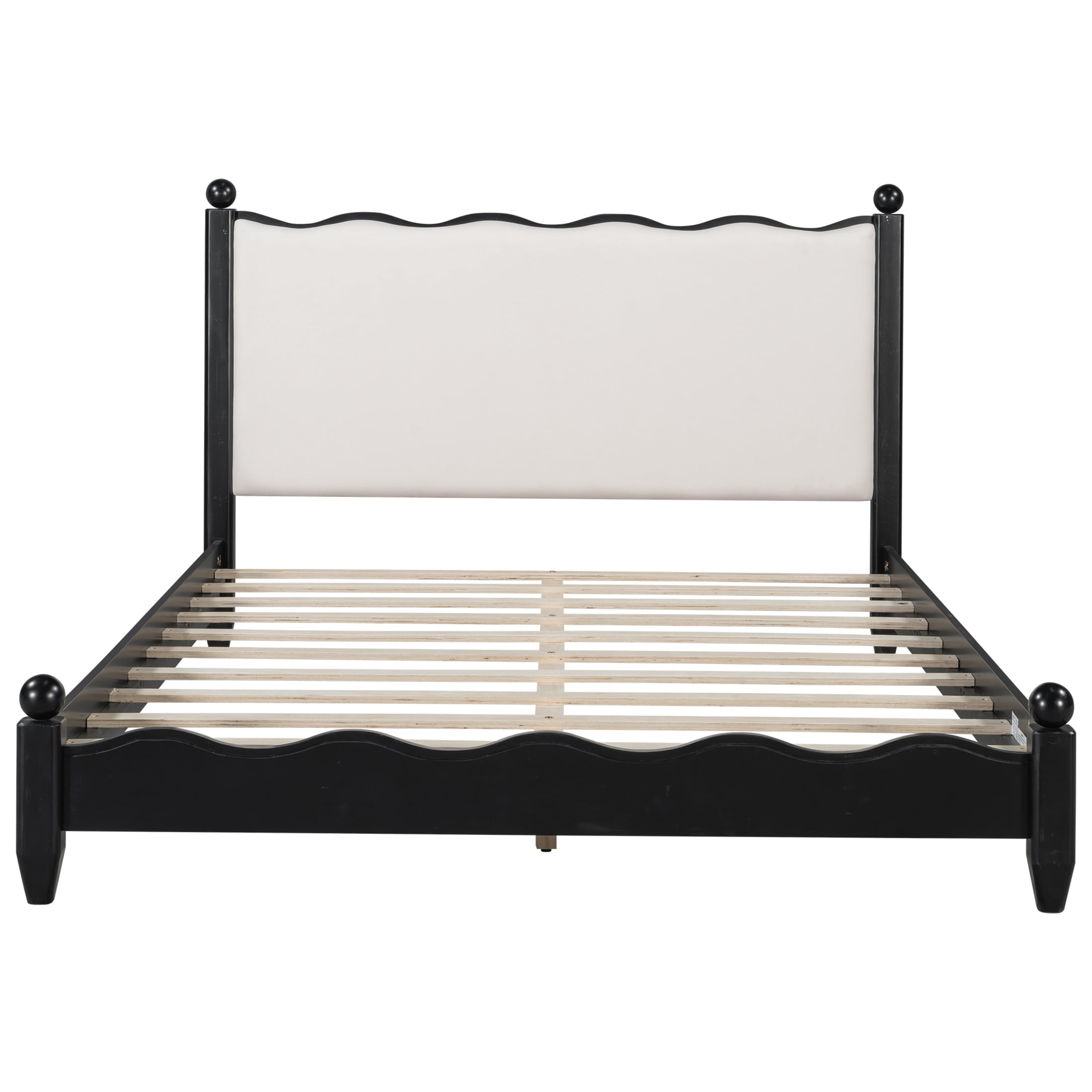 Noble House Lorven Queen Size Platform Bed with Scalloped Upholstered Headboard, Pine Wood Frame, Beige & Black