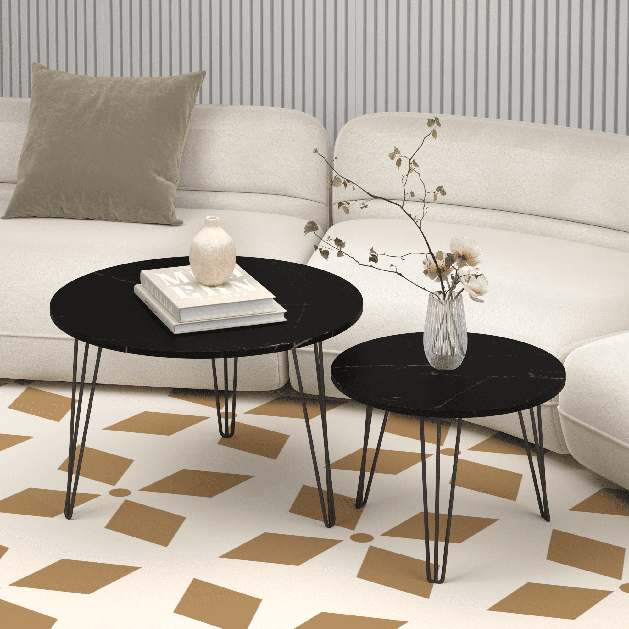 27.56" Round Nesting Coffee Table Set of 2, Circular Nesting End Table Set, Round Marble Tabletop, and Sturdy Metal Base for Living Room, bedroom, Black