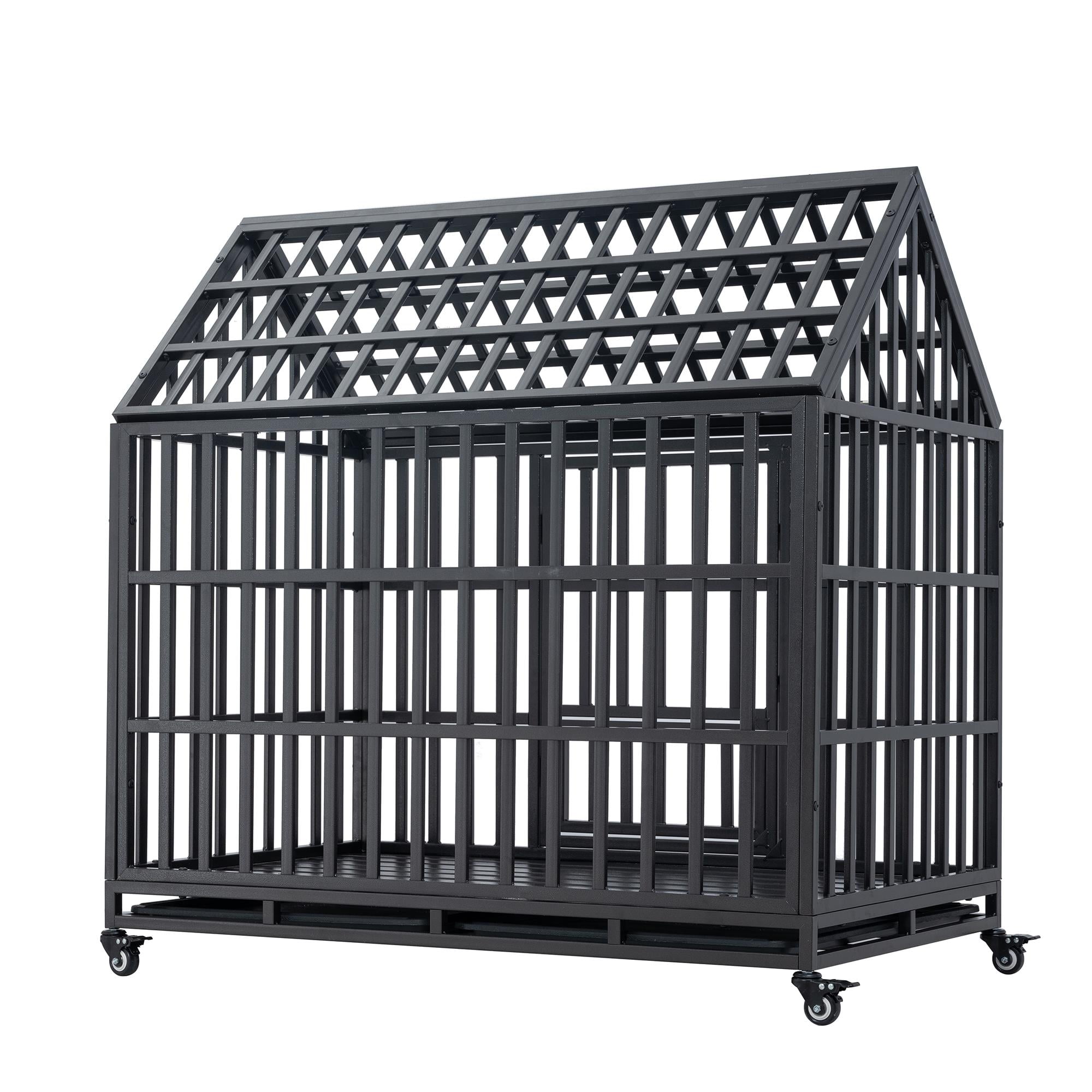 Pefilos 47" Heavy Duty Dog Crate Kennel with Window on Roof, Pet Cage Metal Playpen for Large Medium Dogs with 4 Lockable Wheels, Black Pefilos 47" Heavy Duty Dog Crate Kennel with Window on Roof, Pet Cage Metal Playpen for Large Medium Dogs with 4 Lockable Wheels, Black