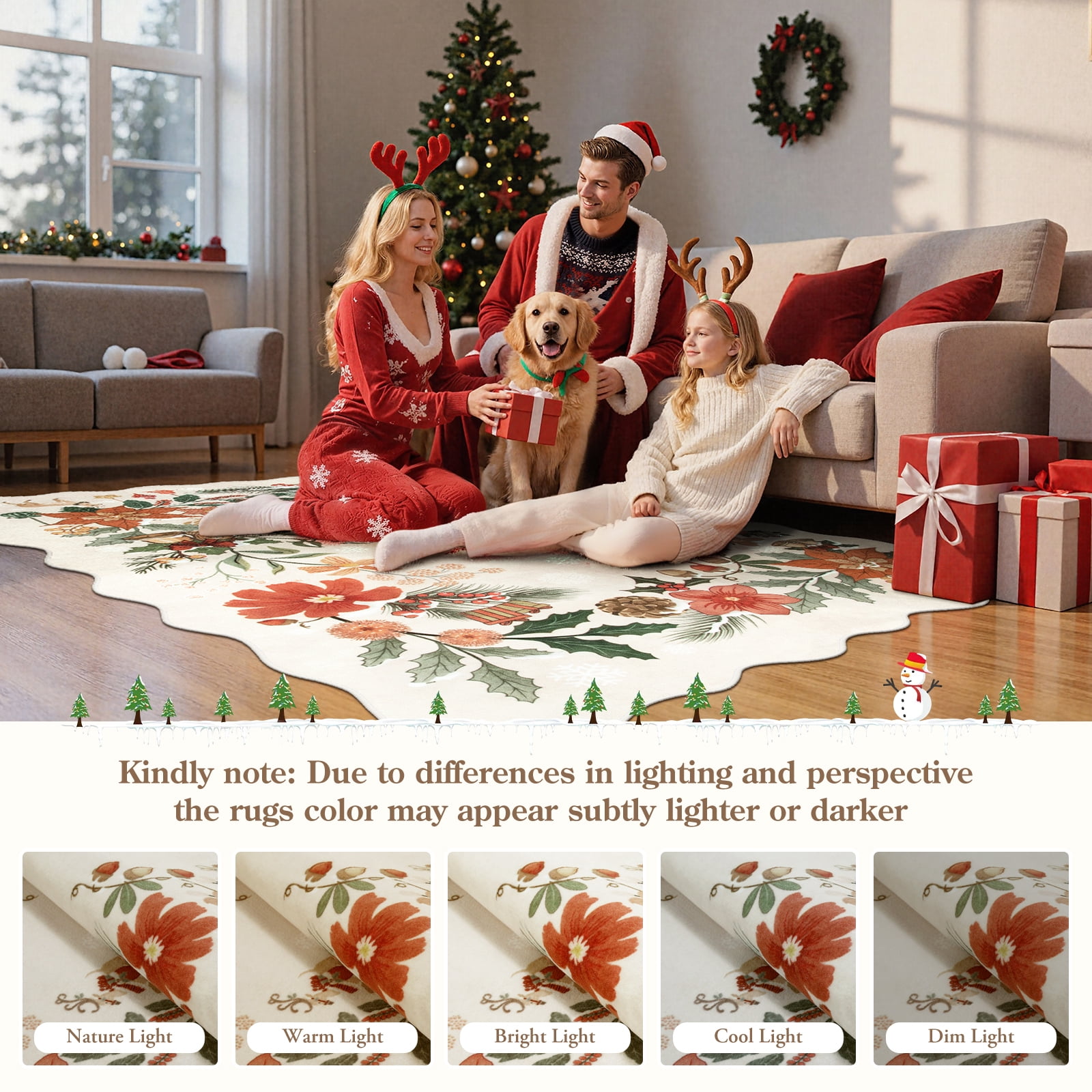 Moynesa 5'x7' Christmas Rug for Living Room, Xmas Tree Floral Rug Washable Rug Non Slip Boho Carpet Holiday Decor Soft Accent Rug for Bedroom Dining Room, Beige