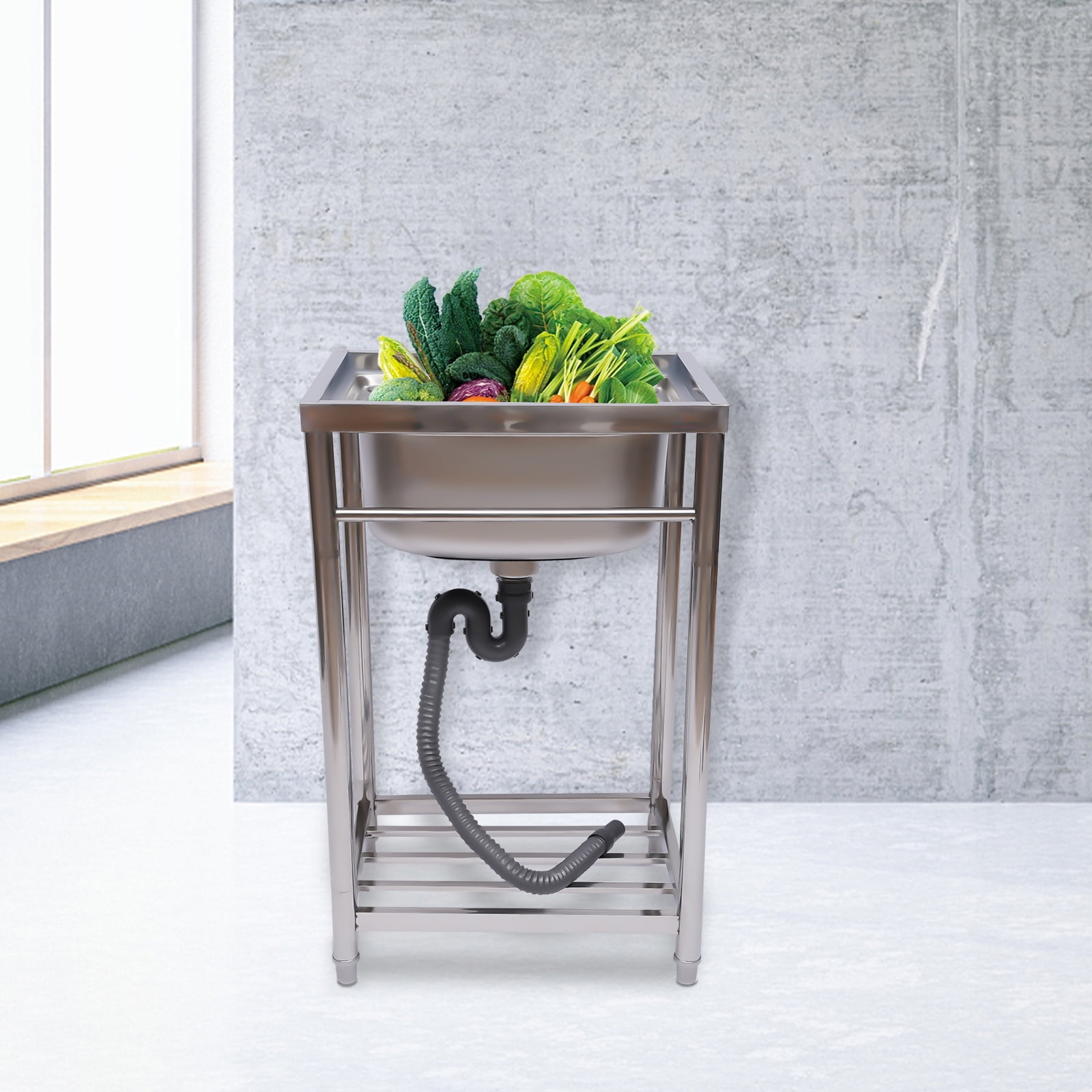 Freestanding Stainless Steel Utility Sink, Single Basin Commercial Kitchen Sink with Bottom Storage Shelf,  for Restaurant Bar