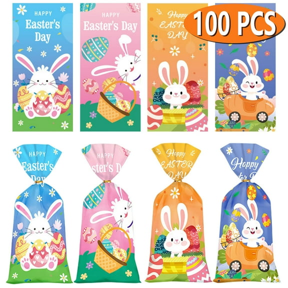Easter Cellophane Bags Bunny Goodie Bags Treat Bags with Twist Ties for Easter Day Party Supplies 100 Pcs