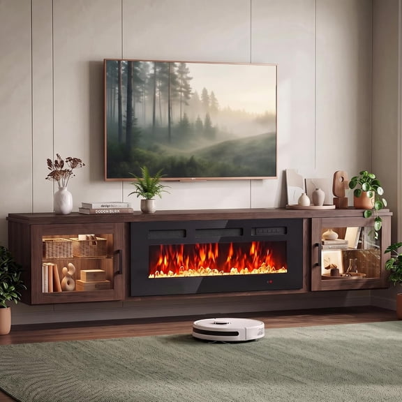 80" Floating TV Stand with 36" Electric Fireplace, Brown High Gloss Wall Mounted Entertainment Center with LED Lights & Storage Cabinets, Media Console Fits TVs up to 90 Inches