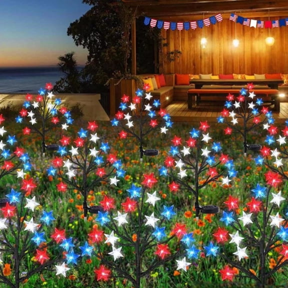 Patriotic Solar Star Tree Stake Lights, Red White Blue LED Solar Powered Garden Lights for 4th of July, Memorial Day & Outdoor Yard Decor