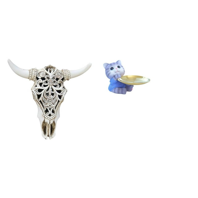 Arte colgante de pared con cabeza de toro tribal y figura de gato, estatua de resina, bandeja, escultura para oficina, dormitorio, comedor, decoración