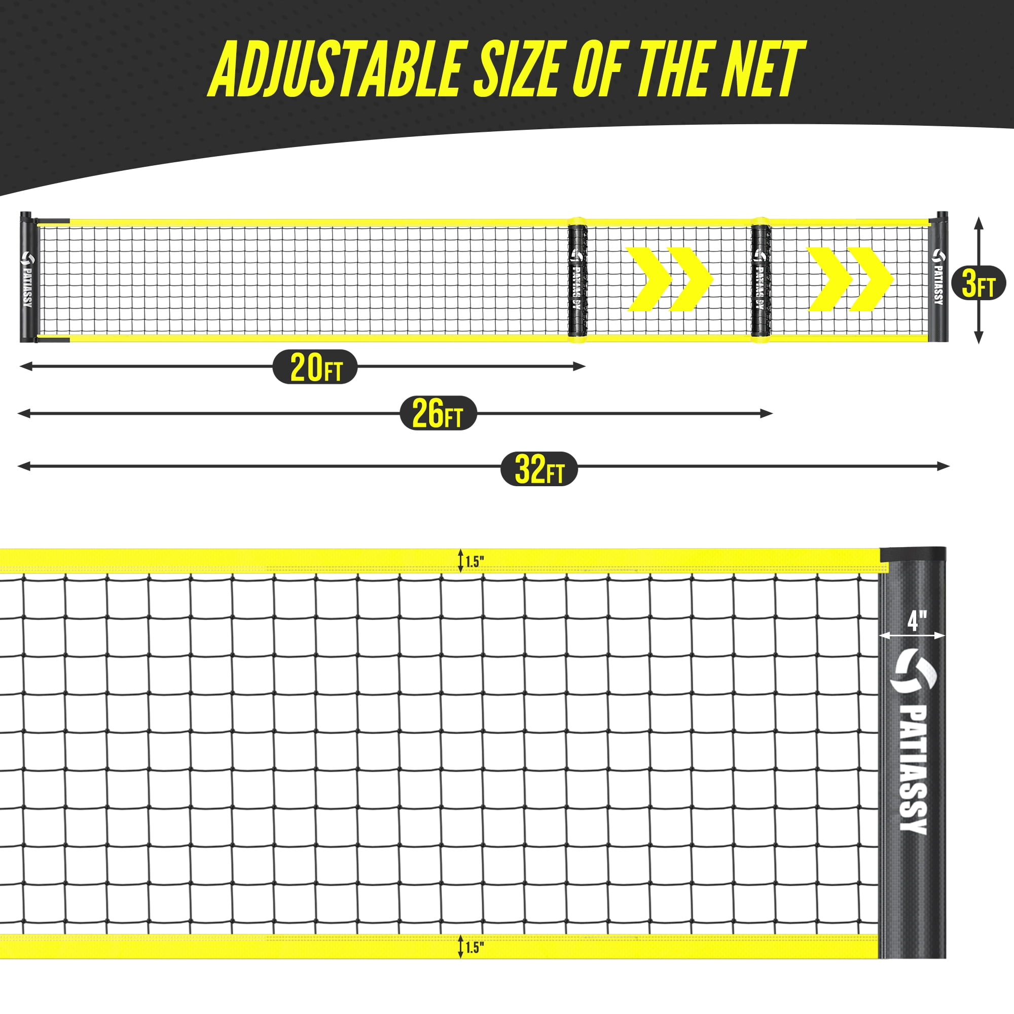 Patiassy 32/26/20FT Adjustable Height & Width Portable Volleyball Net Set with Rust-Resistant Steel Poles, Scoreboard, Ball & Carry Bag for Backyard