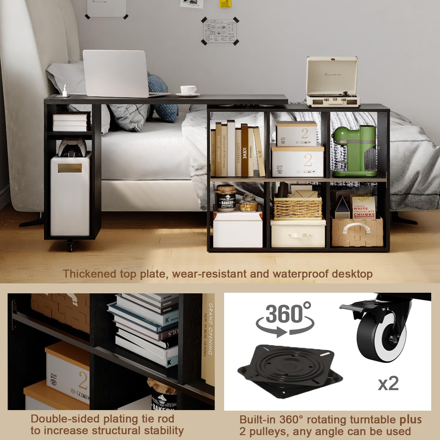 BOSHIRO L-Shaped Rotating Desk with Power Outlets, USB Ports & 6 Storage Shelves, 360° Swivel Computer Desk with Bookshelf for Home Office, Bedroom or Study (Black)