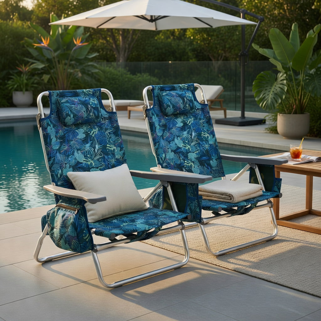 Hommoo 4-Pack Adjustable 5-Position Folding Beach Chair Set with Pillow, Aluminum Frame, Navy