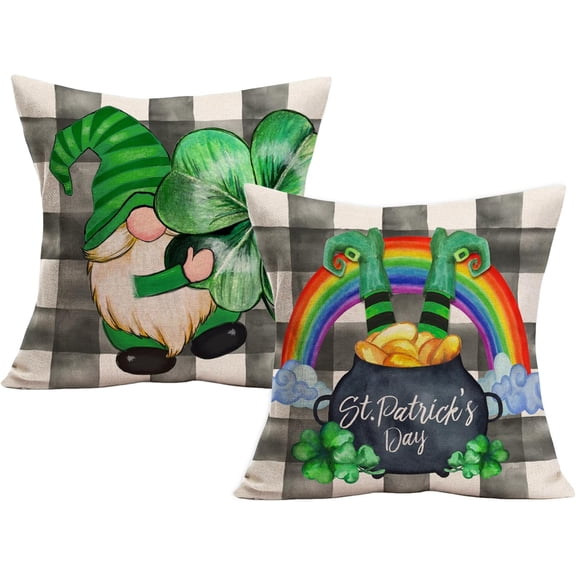 St Patrick’s Day Gnomes Throw Pillow Covers 16x16 Inch Buffalo Plaid Farmhouse St Patrick Decor Pillows Lucky Four Leaf Clover Rainbow Patterned Holiday Cushion Cases for Sofa Couch|Set of 2