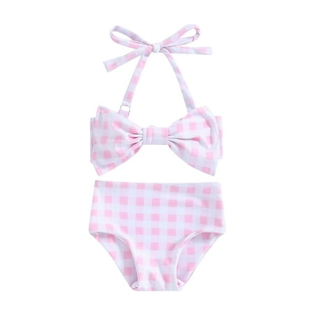 

BABAMOON 2Pcs Toddler Baby Girls Summer Bikini Set Flower/Plaids Print Sleeveless Bow Bikini Tops with Shorts Swimsuit