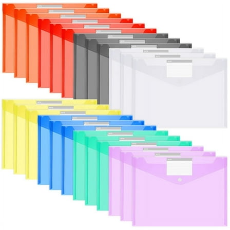 Sixwipes 24 Pack Plastic File Folders with Snap Button Closure, A4 Document Envelopes for School, Office, Hom, Poly Filing Folders, Letter Size, Assorted Colors