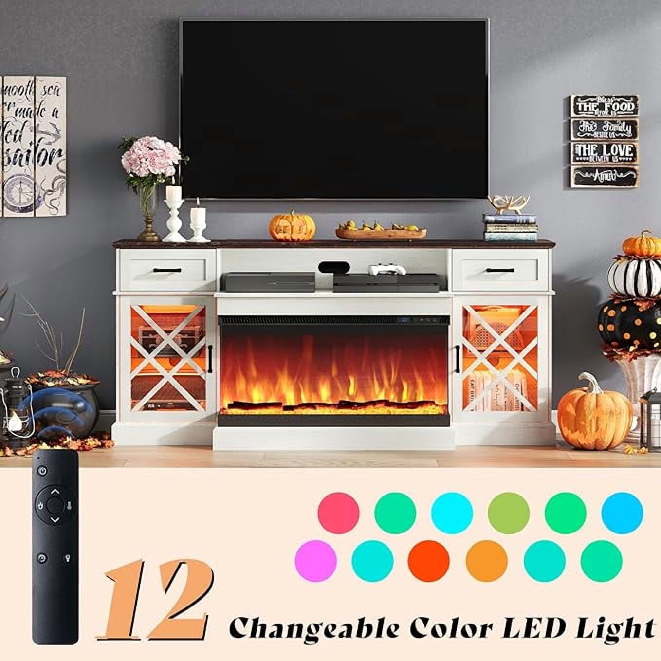 PLAUIN Farmhouse LED Fireplace TV Stand, 3-Sided Glass Fireplace, Large Entertainment Center