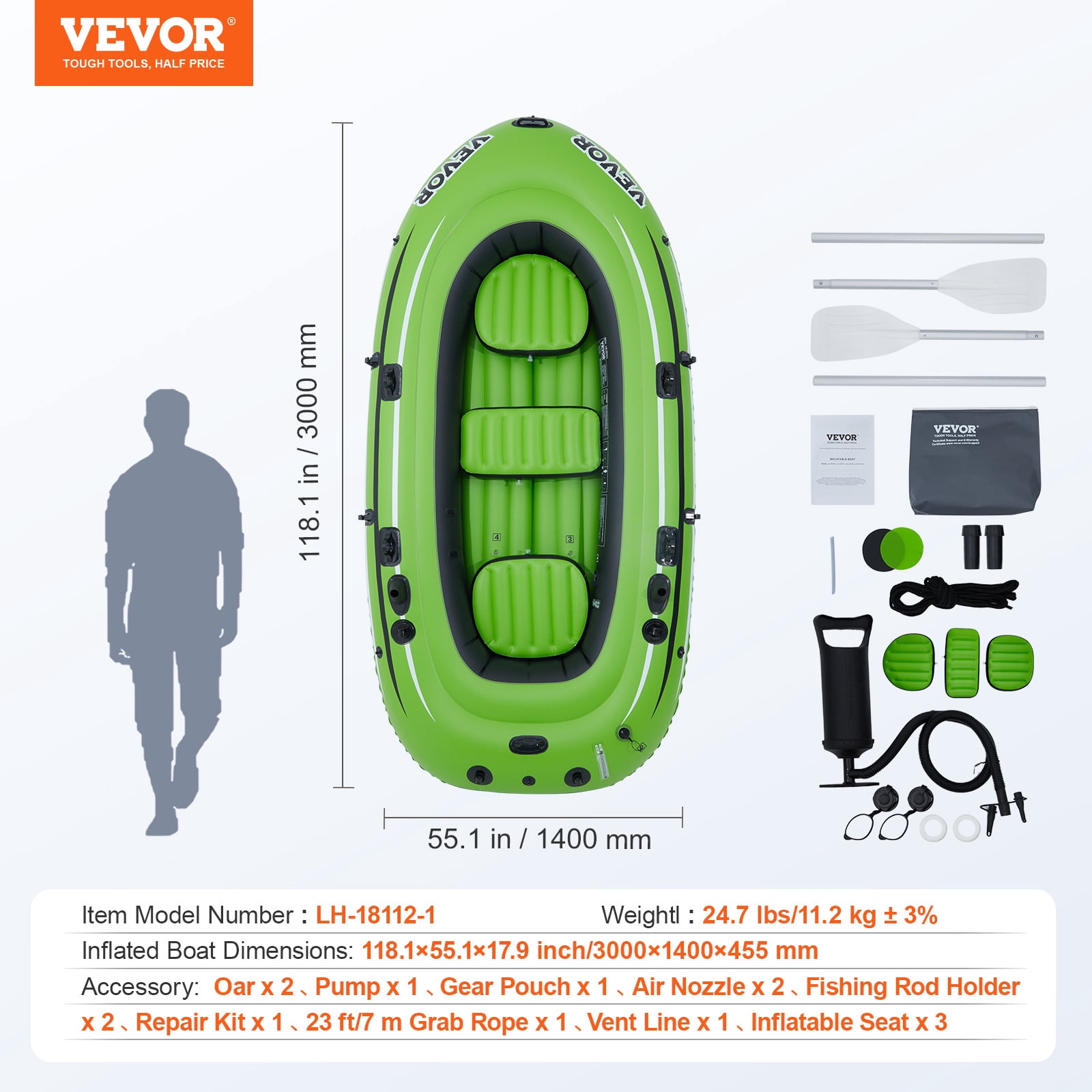 KFFKFF 5-Person PVC Inflatable Boat with Aluminum Oars and High-Output Pump
