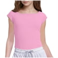 thumbnail image 2 of Girls Summer Tops with Slits Cap Short Sleeve Boat Neck Tee Shirt Solid Color Cropped Going Out Clothes (14-15 Years, Pink), 2 of 8