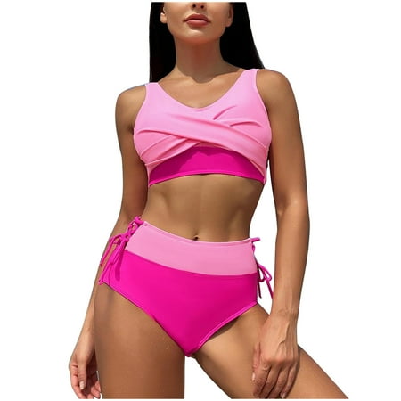 TrendVibe365 Bikinis for Women One Piece Pink 2 Piece Swimsuits High Waisted Thong Bow-Tie Shoulder Straps Wrap Top Bathing Suits Solid Swimwear Beachwear L