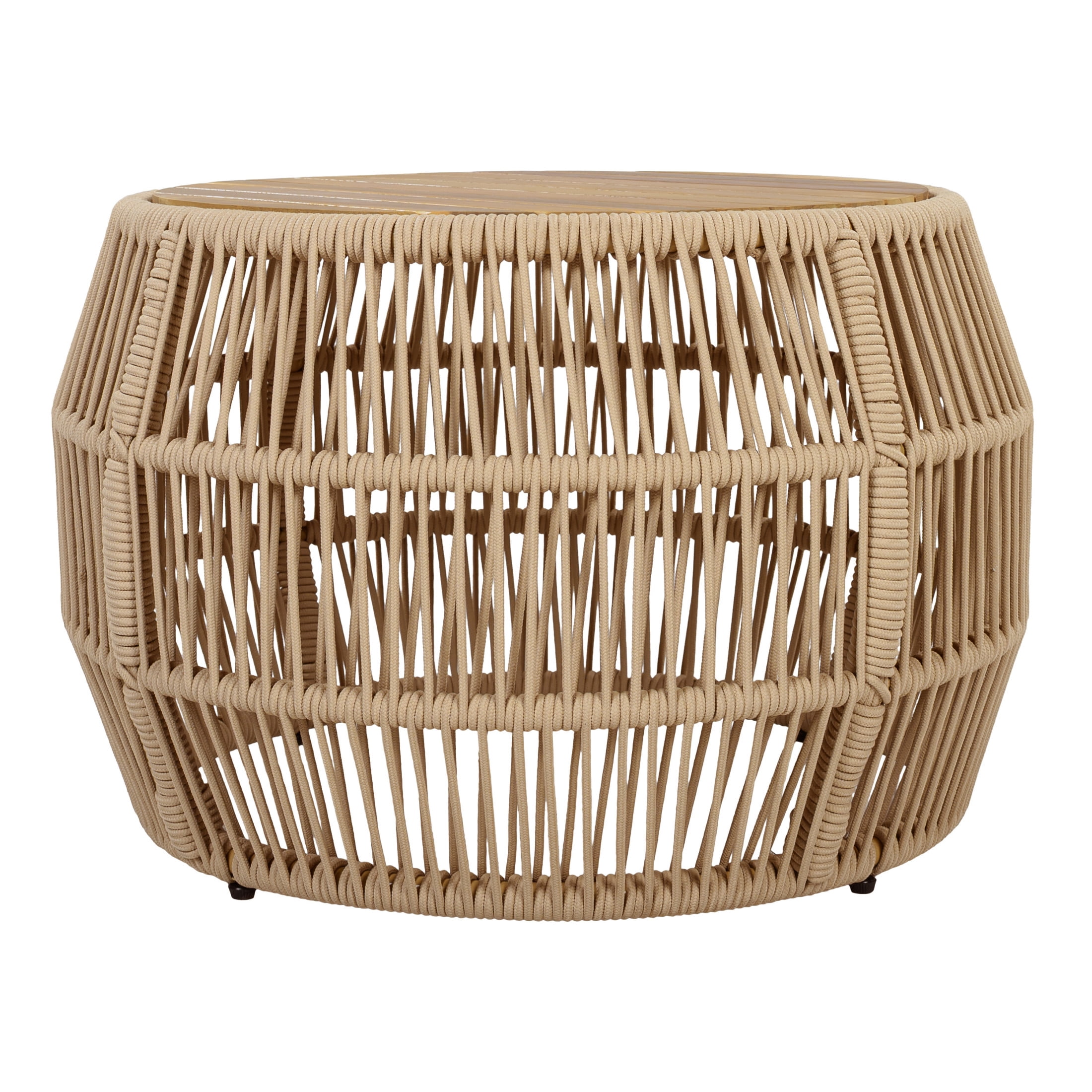 Christopher Knight Home 27.6" Coastal Round Wood Side Table with Rope Frame, Weather-Resistant, Light Beige