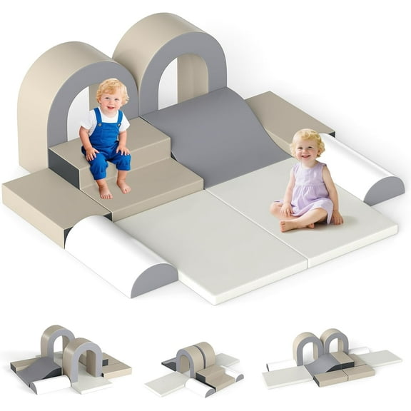 OLAKIDS Toddler Climbing Toys Indoor, 10 Pieces Baby Foam Blocks Soft Play Set with PU Leather, Kids Climb Crawling Activity Gym Playground for 1 Years