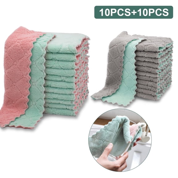 Tripumer 20 Pack Kitchen Dish Cloths Super Absorbent Microfiber Cleaning Cloth Coral Velvet Dishtowels Nonstick Oil Washable Fast Drying (Green-Grey)