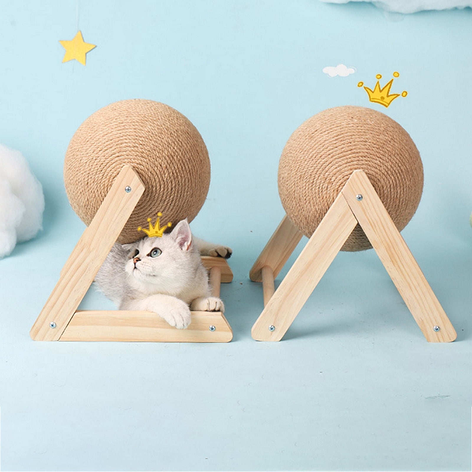 XEOVHV Cat Toys Sisal Scratcher Ball, Natural Sisal Cat Scratching Ball, Cat Scratcher Toy with Ball, Interactive Solid Wood Scratcher Pet Toy, Diameter 6.3 Inch