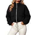 thumbnail image 3 of CBASIHI Womens Cropped Sweatshirts with Pockets- Loose Fit Fall Casual Trendy Stand Collar Zip Up Jackets Black Size M, 3 of 9