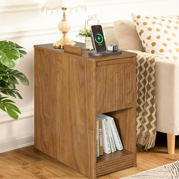 Narrow End Table with Charging Station, Flip Top Bed Side Table with Storage, Drawer and Wheels, USB Ports and Outlets, Mid Century Modern Nightstand for Living Room, Bedroom, Office (Walnut)