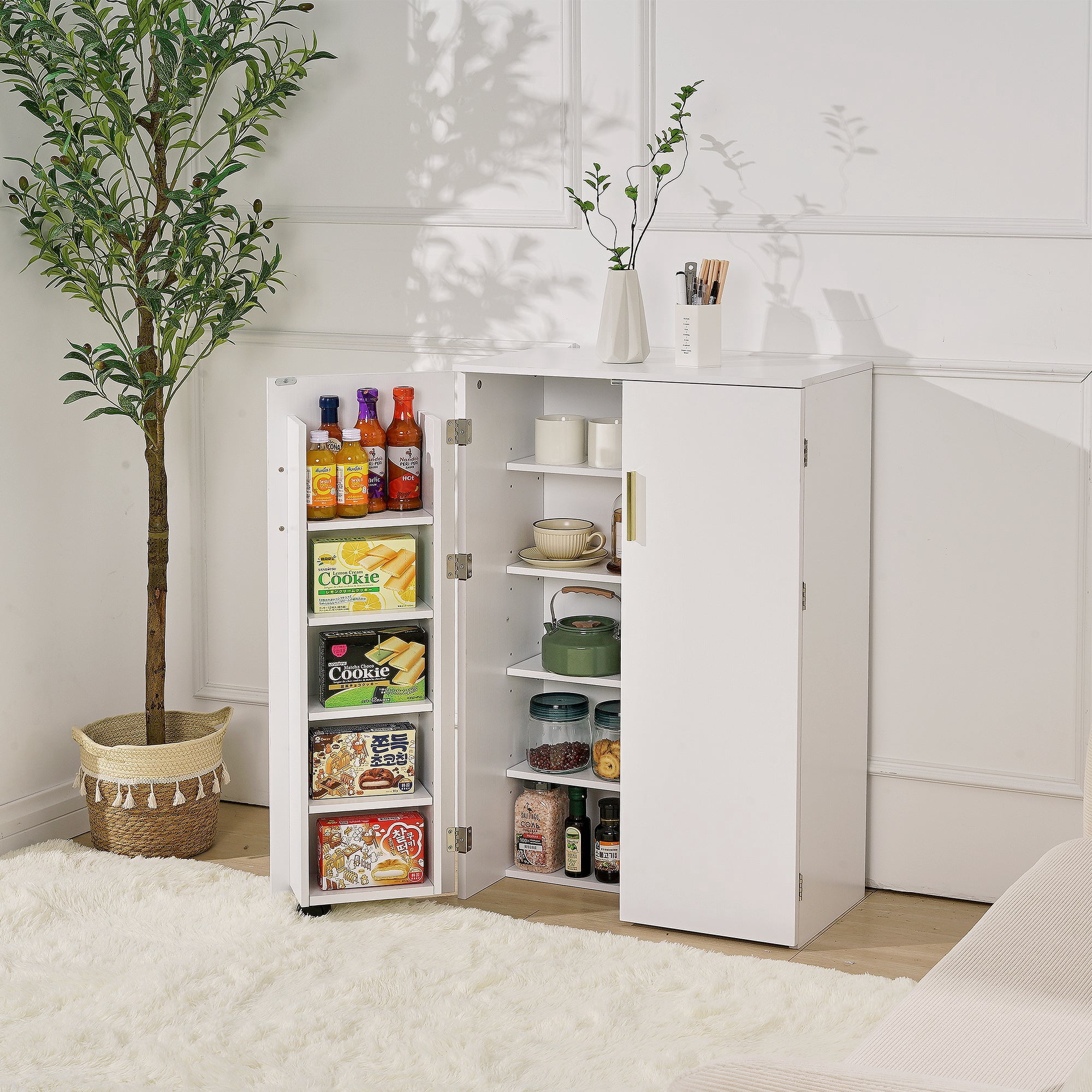 VECELO Kitchen Pantry Cabinets, Food Storage Cabinet with 2 Doors & Adjustable Shelves, Freestanding Small Cupboard for Living Room, Dining Room, Home Office, White