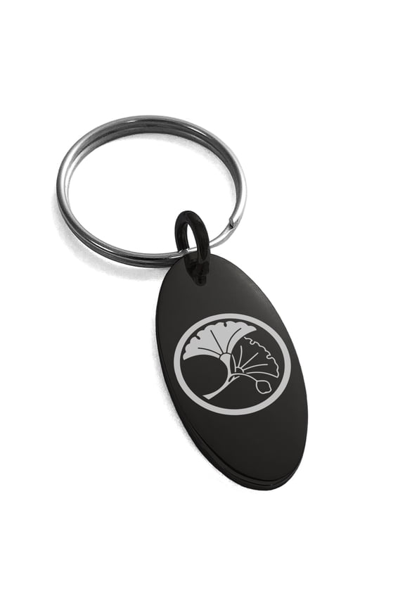 Stainless Steel Yin Yang Ginkgo Leaves Kamon Crest Engraved Small Oval Charm Keychain Keyring