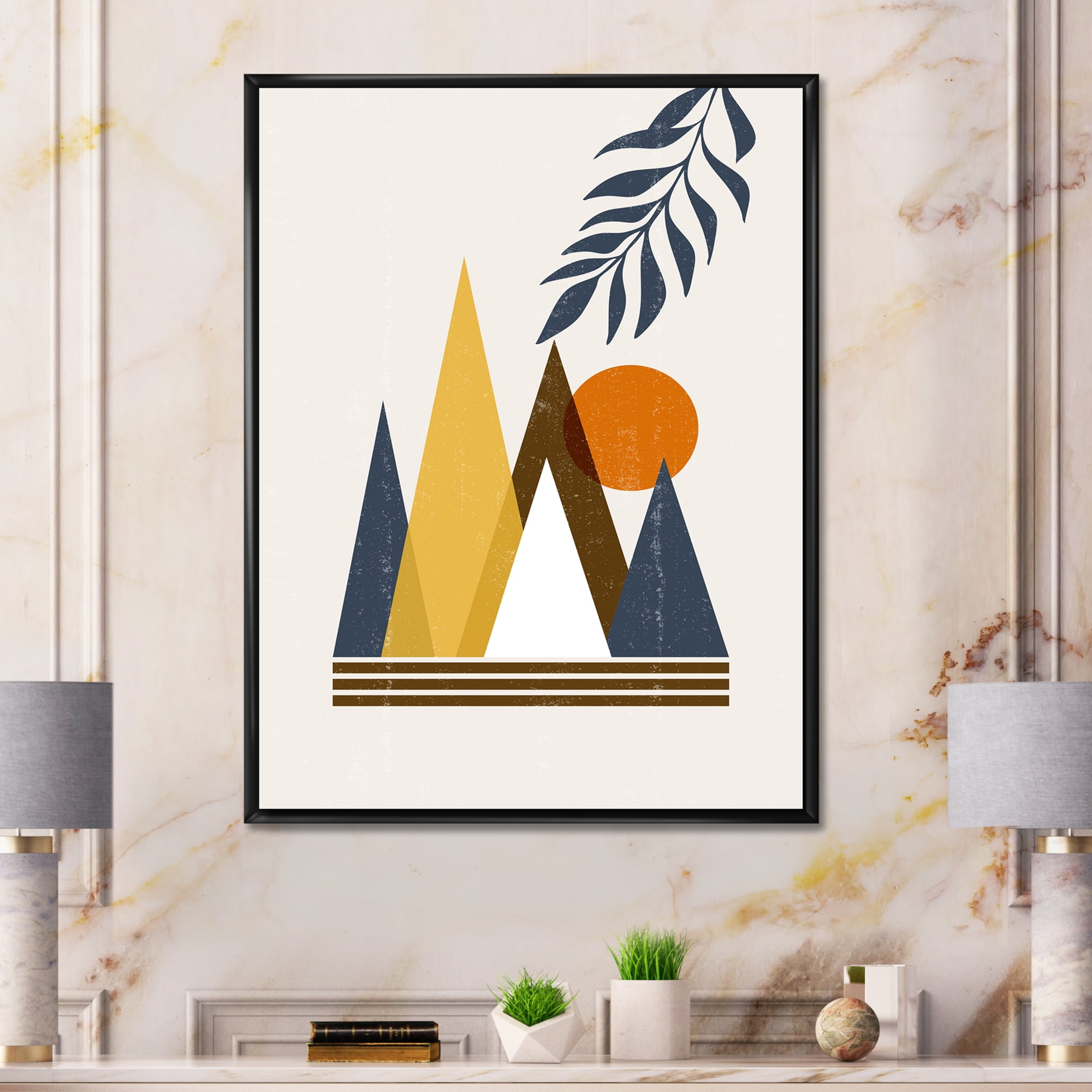 Designart 'Abstract Moon and Sun In Mountains I' Modern Framed Canvas Wall Art Print
