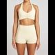 thumbnail image 4 of Conjuntos Entrenamiento para Mujer 2 Piezas,Sujetador Deportivo con Cuello Halter y Arrugas,Pantalones Cortos Ciclista Cintura Alta,Ropa Ejercicio para Gimnasio Yoga Albaricoque M, 4 of 9