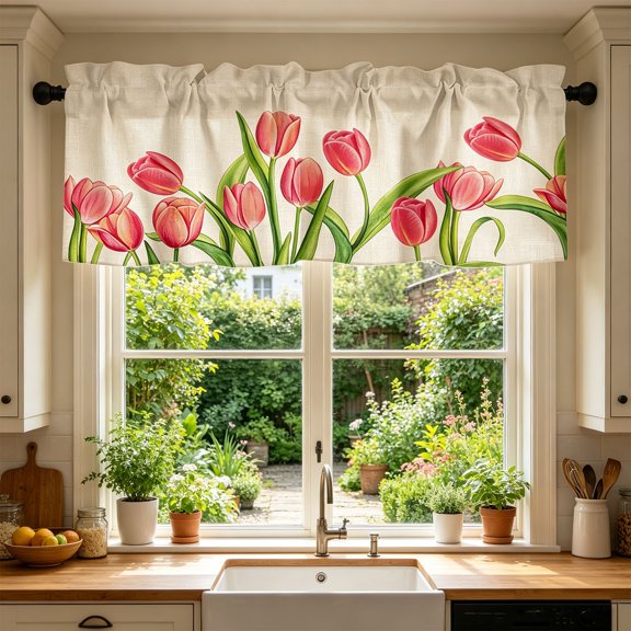 Watercolor Pink Tulip Floral Window Valance Curtain,Light Filtering Washable Short Kitchen Valance Curtain for Home,Cafe,Window Decoration