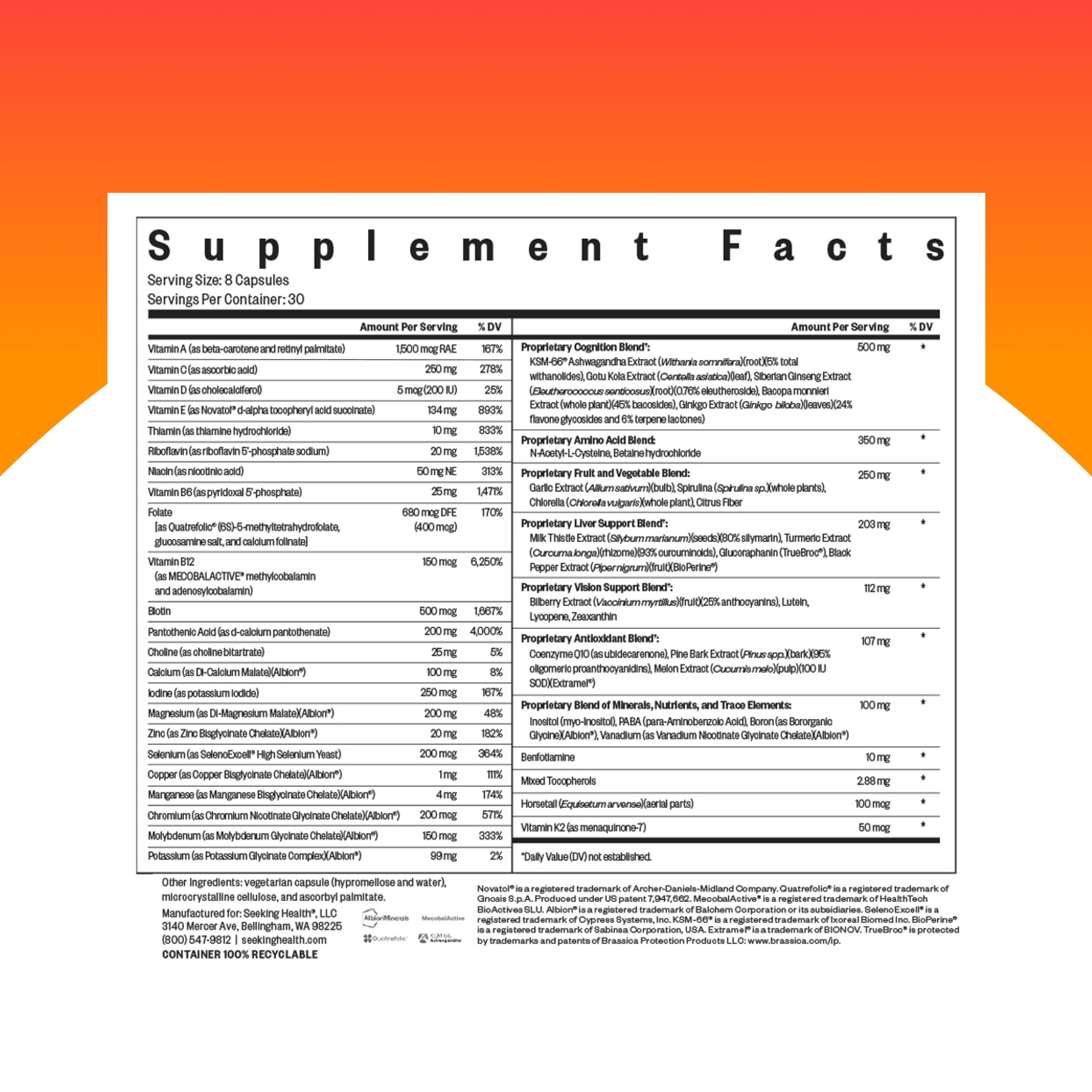 Seeking Health Optimal Multivitamin, Active B Vitamins and L-5-MTHF, Riboflavin, B6, Bioavailable Folate and B12, CoQ10, Methylation Support, Vegetarian (240 Capsules)