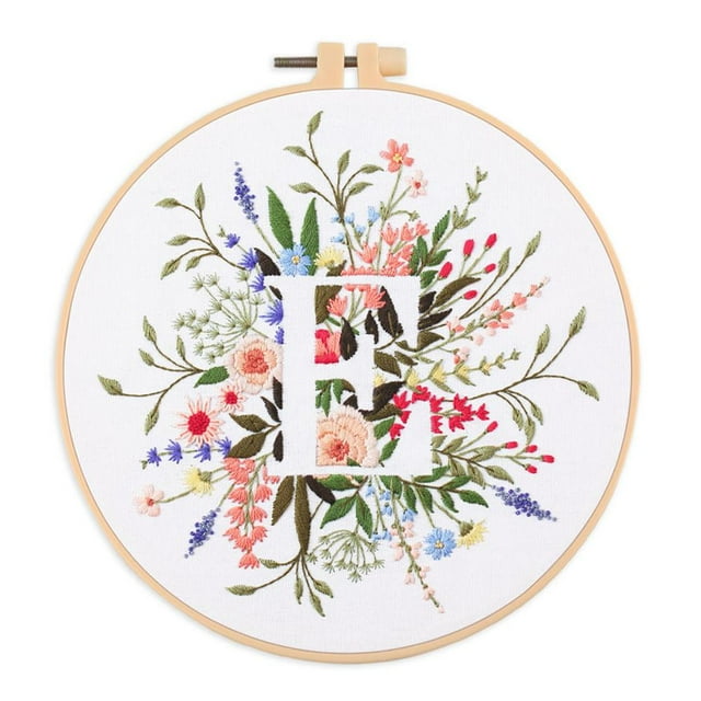 EastVita Embroidery Starter Kit for Beginners, Stamped Cross Stitch Kit with Floral Letter Pattern, DIY Embroidery Kit with Embroidery Cloth Hoops Instructions Needles Threads